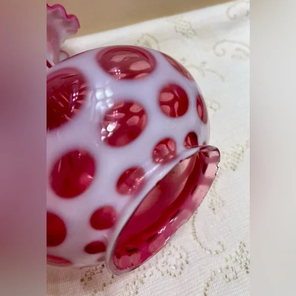 Vintage Fenton Opalescent Coin Dot Cranberry Boudoir Glass Lamp Light PAIR Marbl - Picture 14 of 16